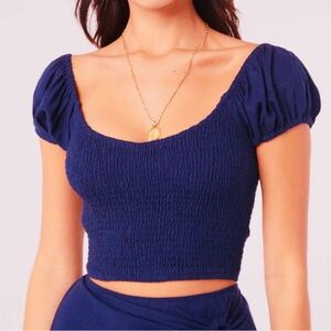 Navy boho linen blend lightweight Smocked crop Top open back stretchy balloon